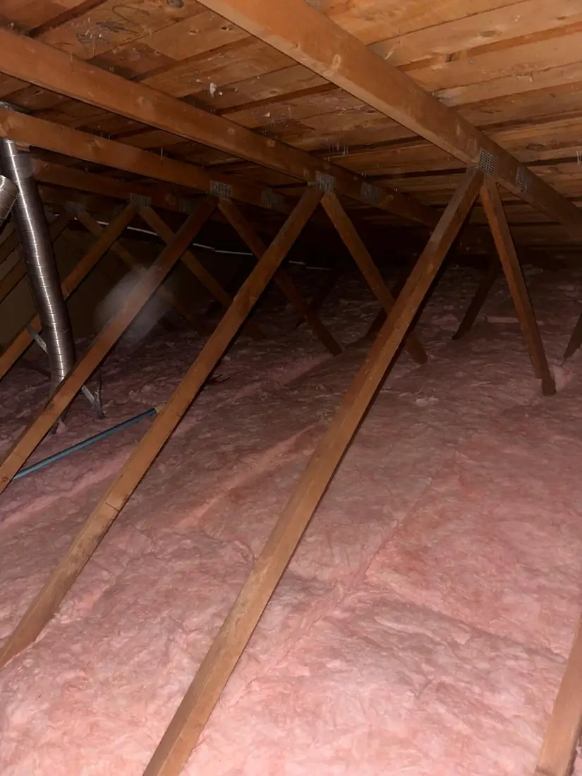 Deep, even fiberglass insulation between attic trusses after a Thermal Insulation install